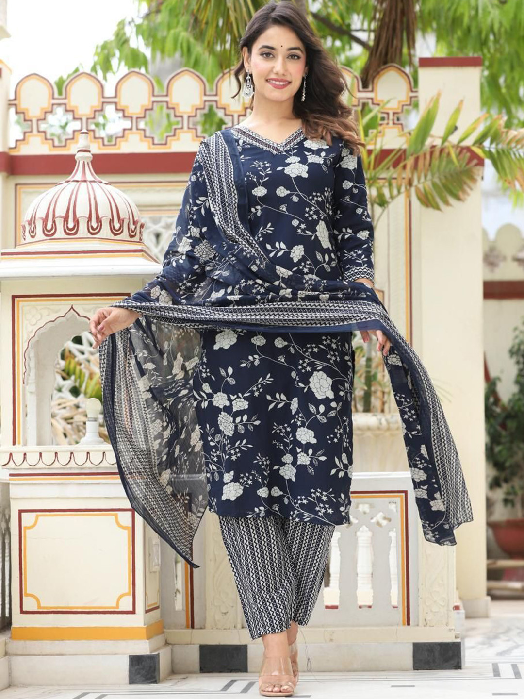 

KALINI Floral Printed V Neck Regular Straight Kurta With Trousers & Dupatta, Blue