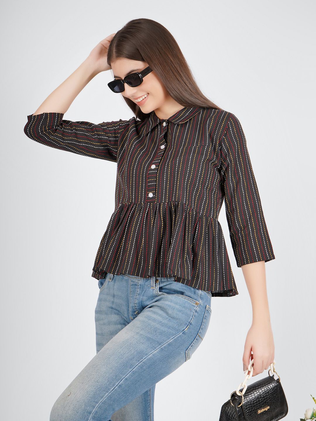 

Kinjo Striped Cotton Shirt Style Top, Black