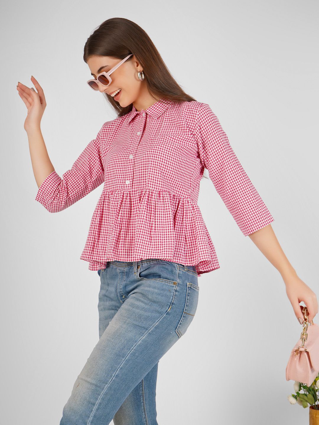 

Kinjo Geometric Striped Cotton Peplum Top, Pink