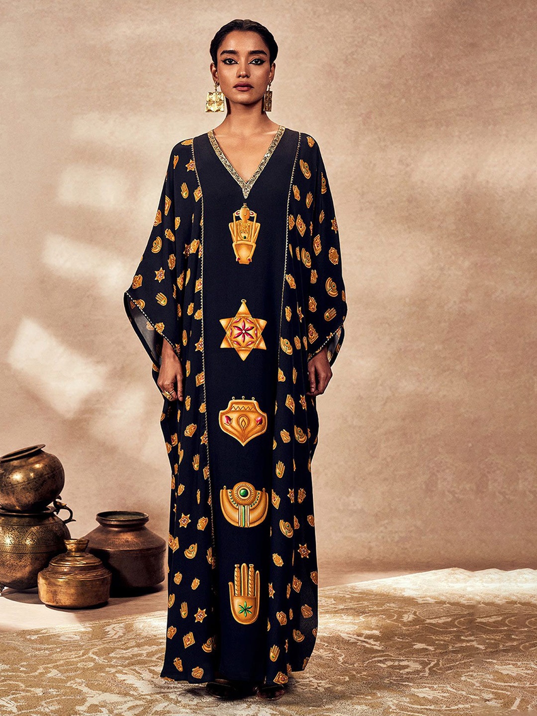 

Masaba V-Neck Kimono Sleeves Kaftan Maxi Dress, Black