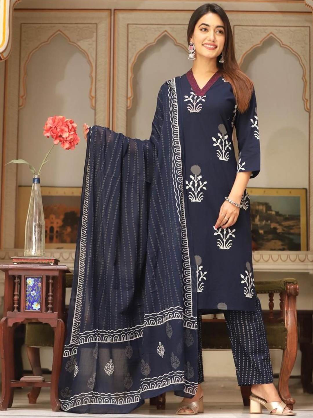 

KALINI Floral Printed V Neck Regular Straight Kurta With Trousers & Dupatta, Blue