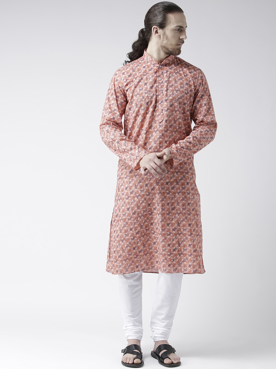 

DEYANN Men Peach-Coloured Printed Straight Kurta