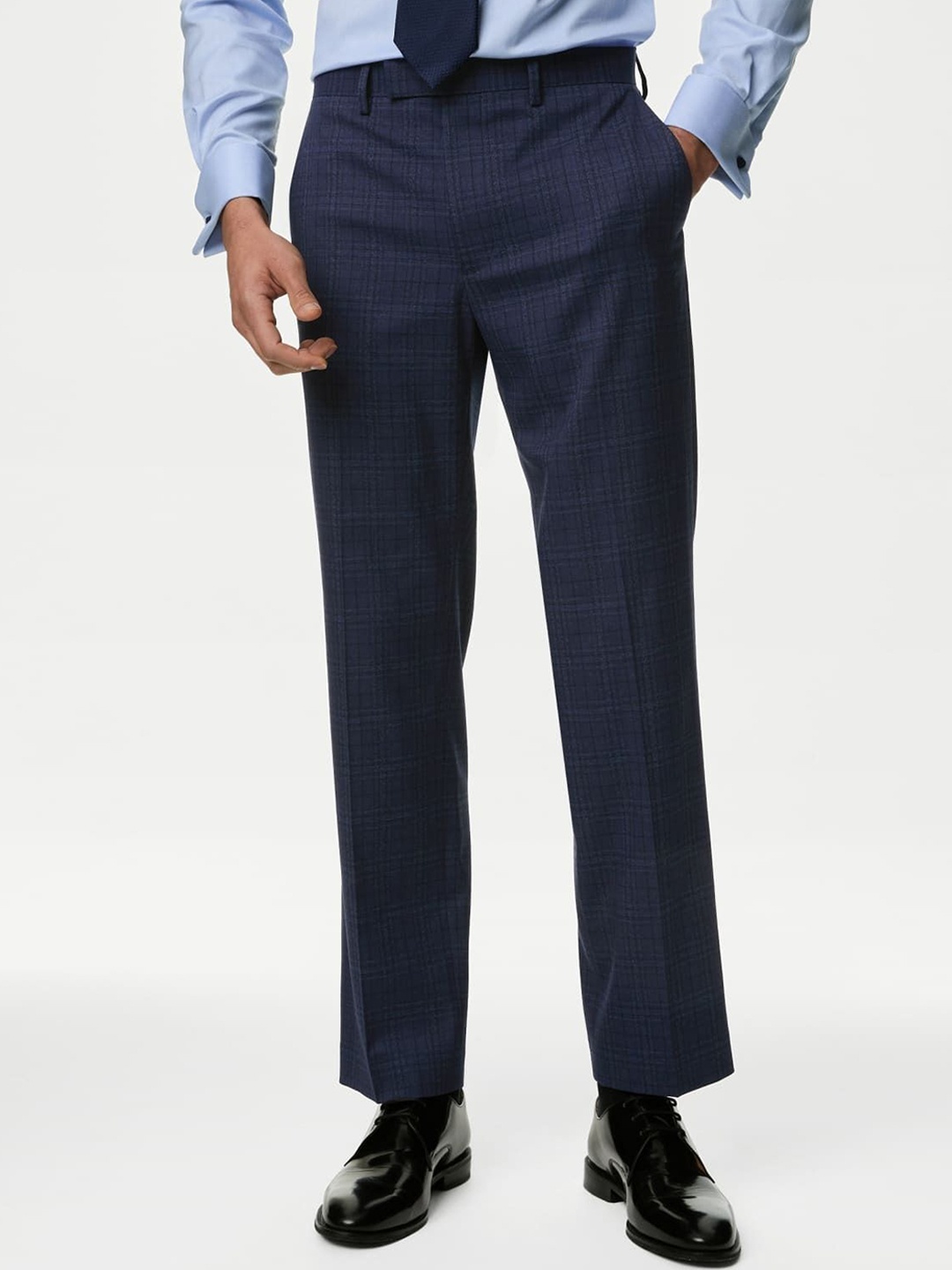 

Marks & Spencer Men Checked Regular Fit Trousers, Navy blue