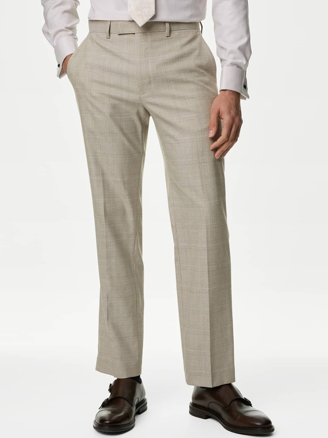 

Marks & Spencer Men Checked Regular Fit Trousers, Beige