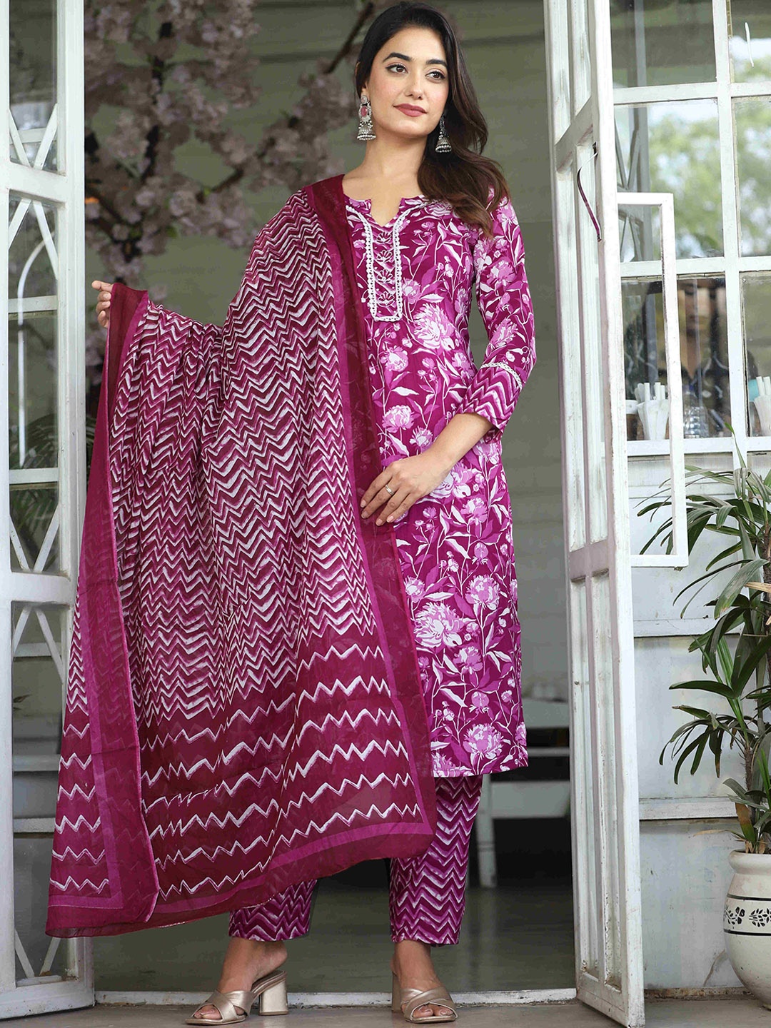 

KALINI Floral Printed Regular Pure Cotton Kurta Set With Trousers & Dupatta, Purple