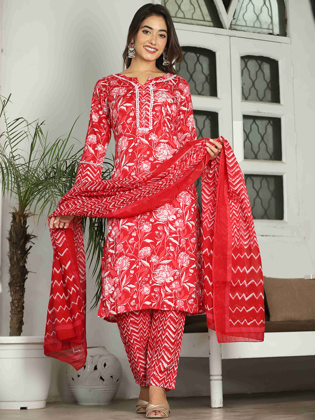 

KALINI Floral Printed Thread Work Pure Cotton Straight Kurta With Trousers & Dupatta, Red