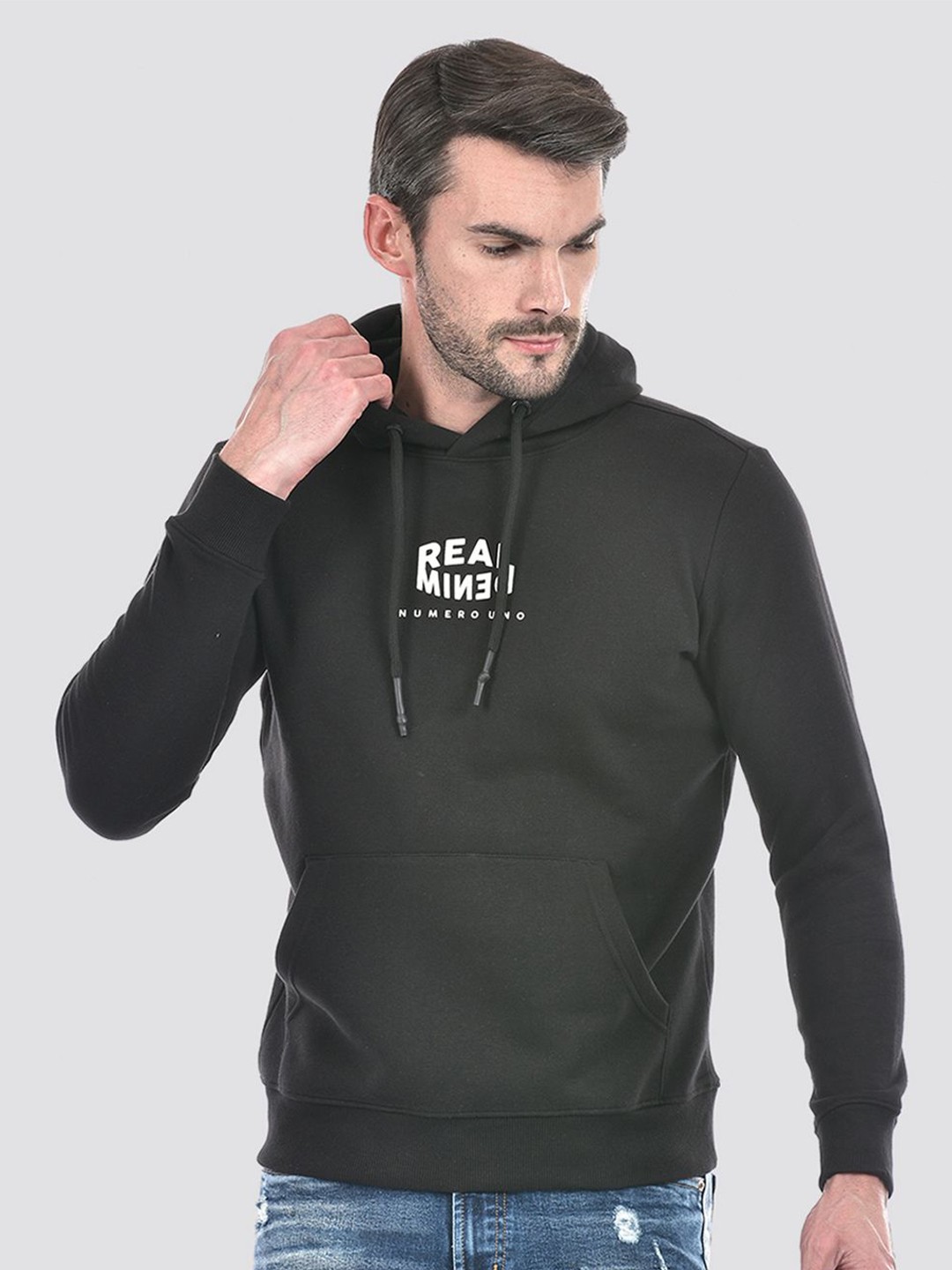 

Numero Uno Men Alphanumeric Printed Hooded Sweatshirt, Black