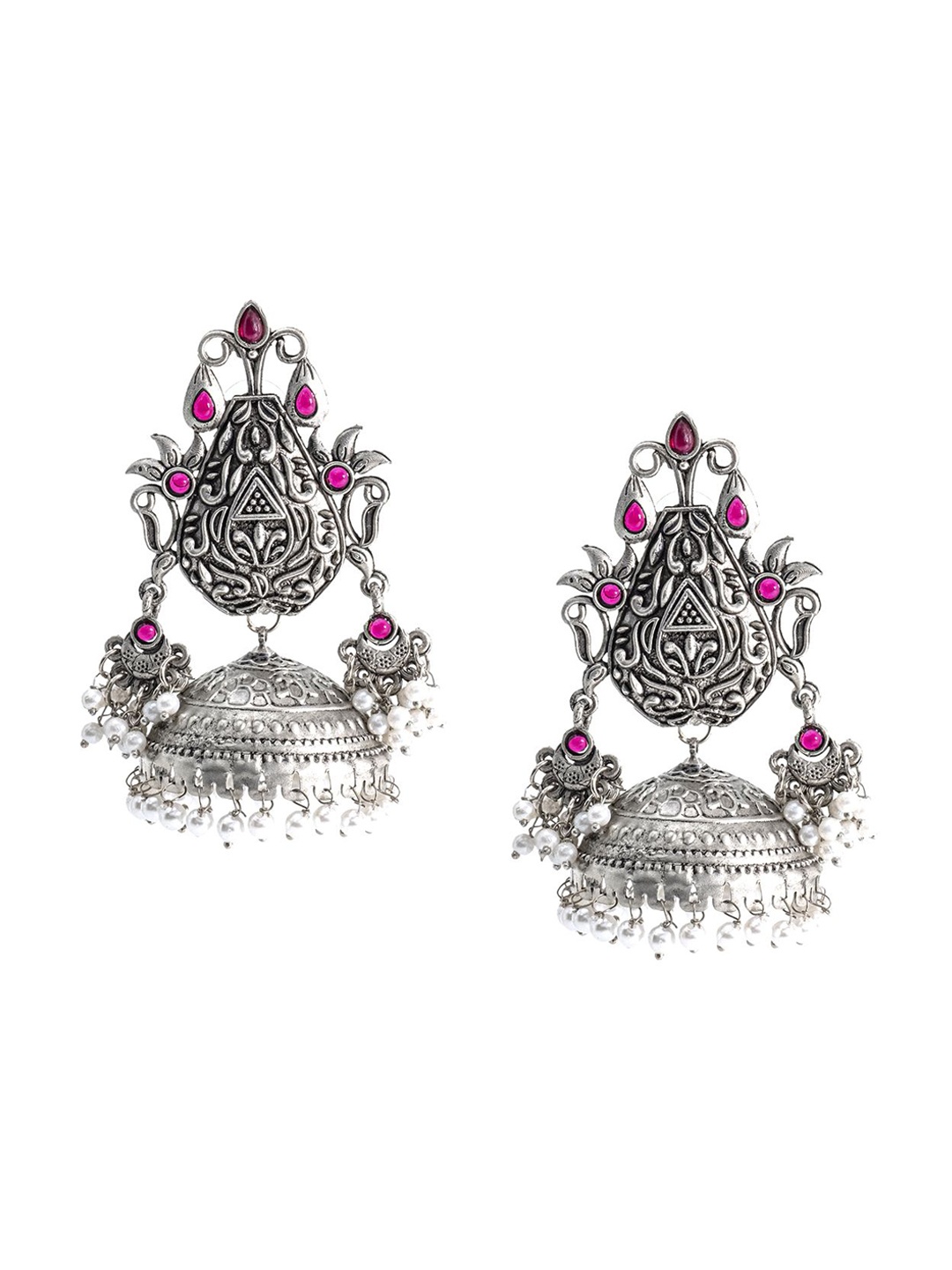 

Shining Jewel - By Shivansh Silver-Plated Cubic Zirconia Studded & Beaded Jhumkas