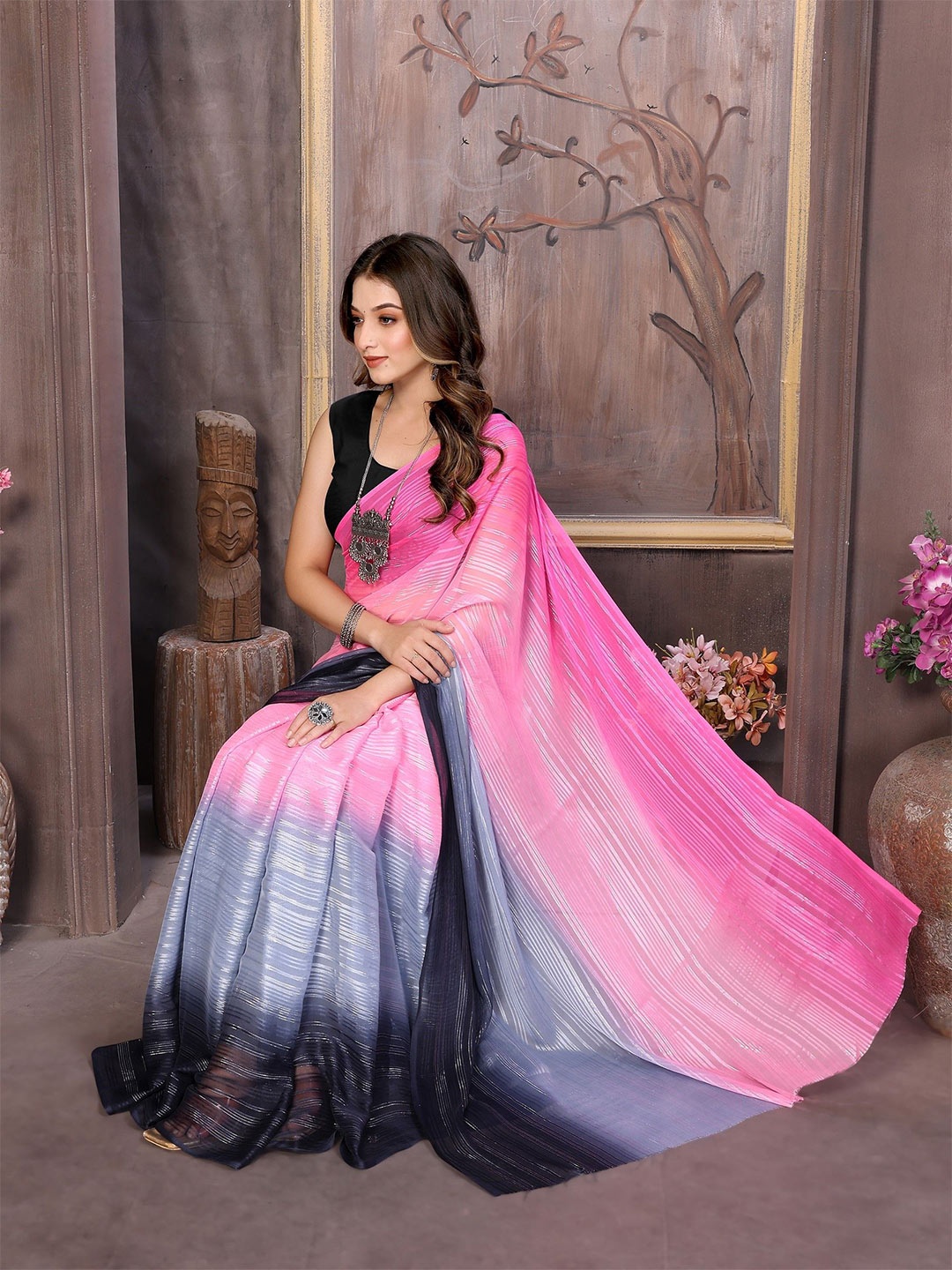 

Ambuja International Striped Zari Saree, Pink