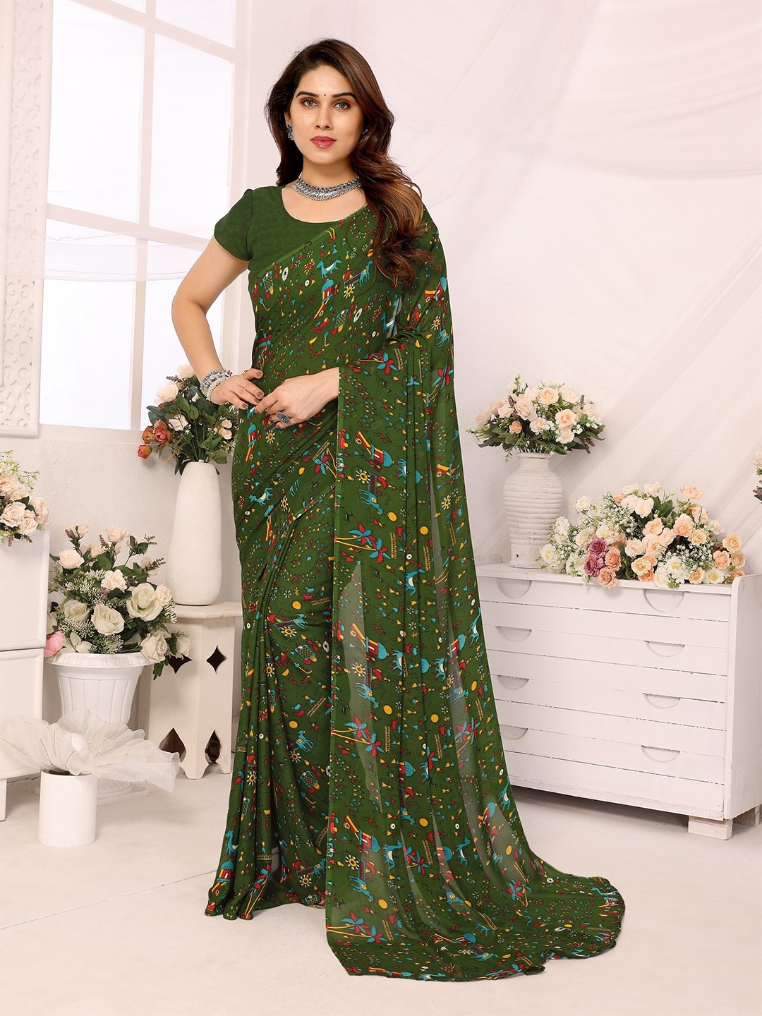 

Ambuja International Warli Printed Saree, Green