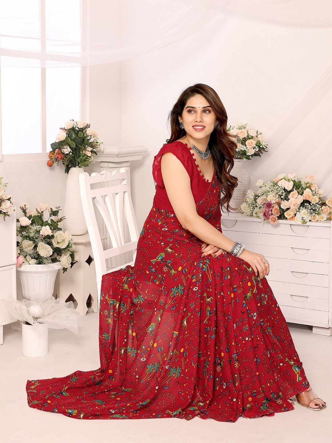 

Ambuja International Warli Printed Saree With Blouse Piece, Red