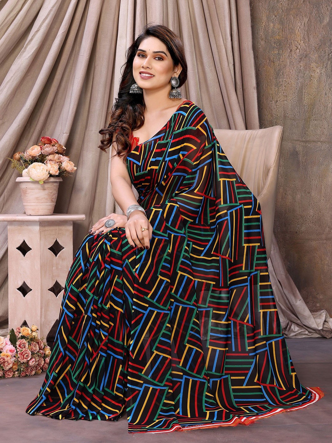 

Ambuja International Printed Saree With Blouse Piece, Black
