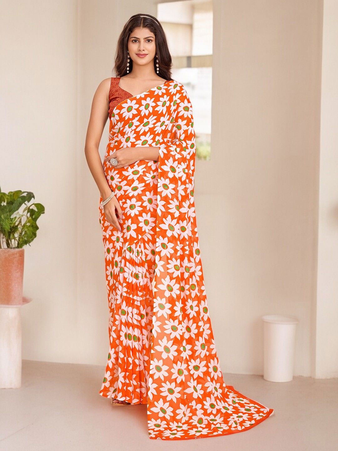 Ambuja International Floral Printed Saree With Blouse Piece, Orange