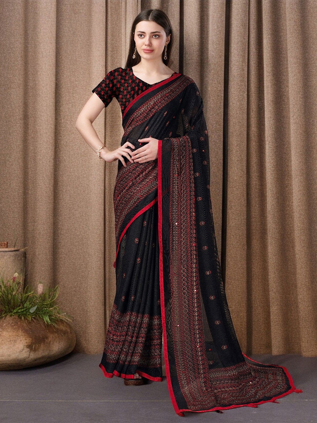 

Ambuja International Ethnic Motifs Mirror Work Saree With Blouse Piece, Black