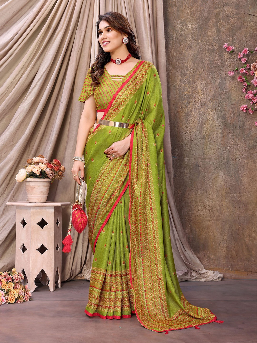 

Ambuja International Ethnic Motifs Mirror Work Saree, Lime green