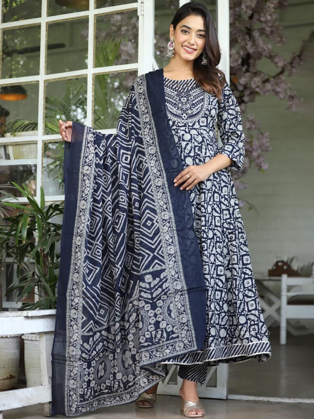 

KALINI Floral Printed Mirror Work Anarkali Kurta With Trousers & Dupatta, Blue