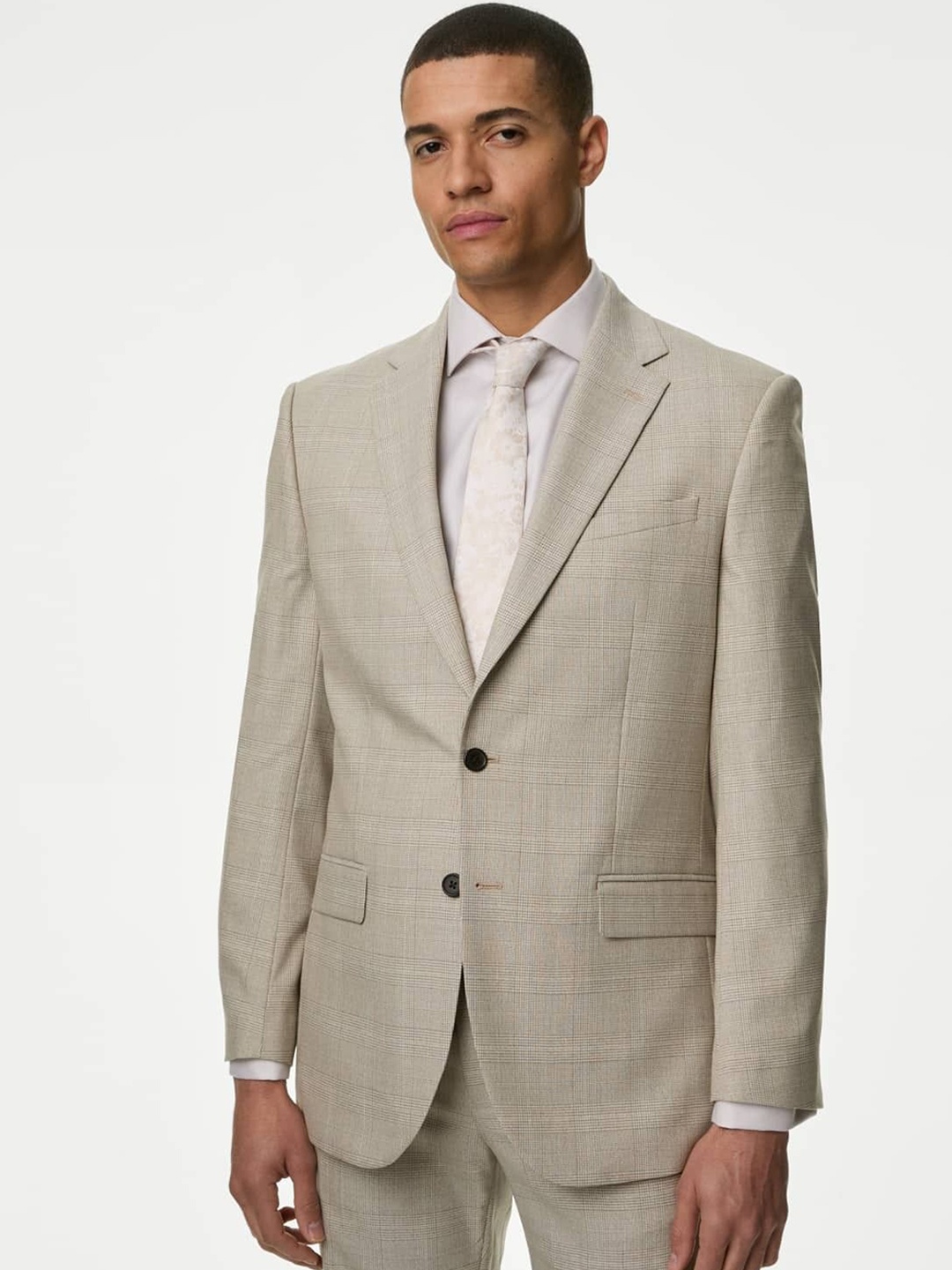 

Marks & Spencer Checked Notched Lapel Single Breasted Blazer, Beige