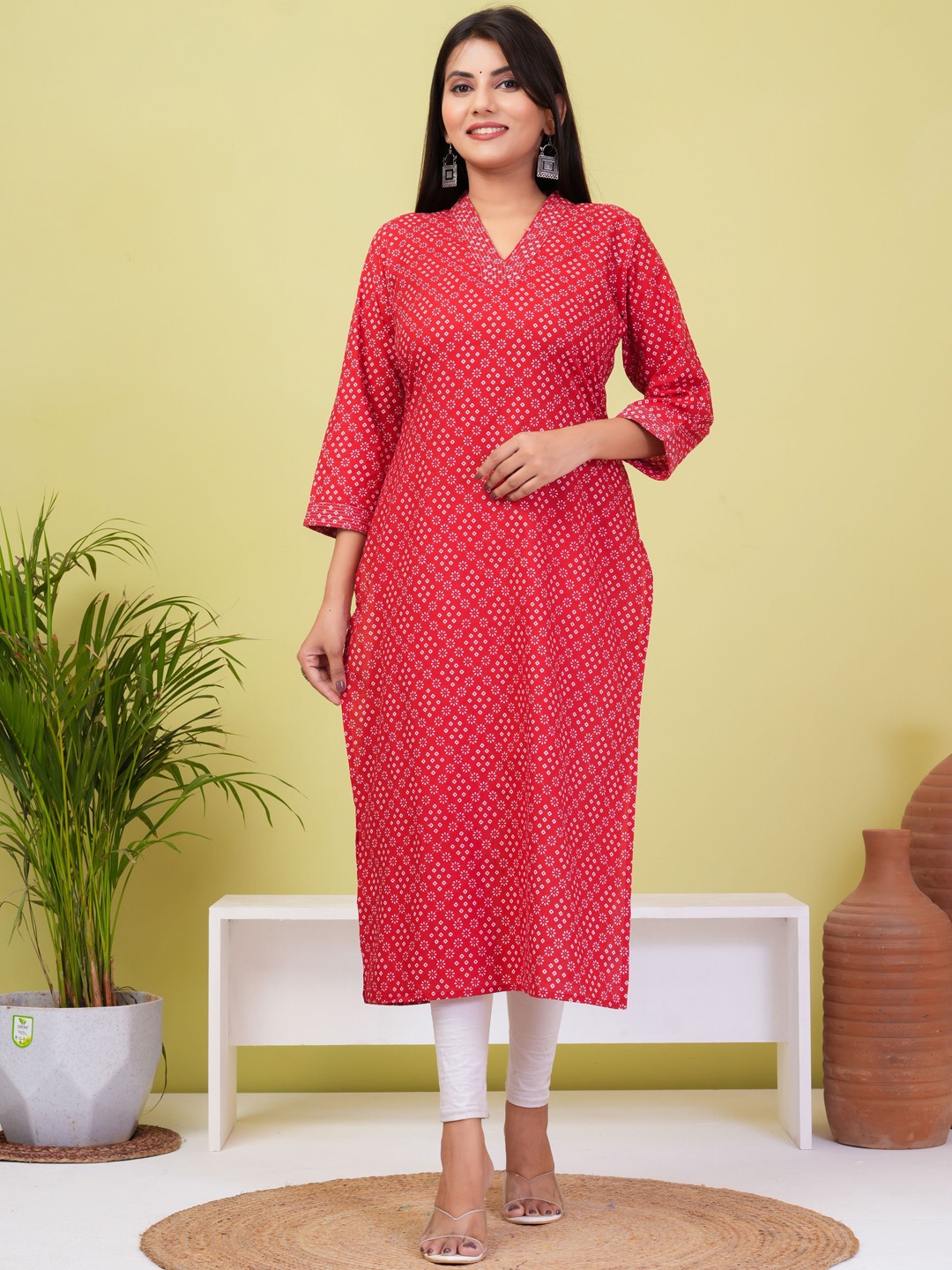 

ZOYOTO Ethnic Motifs Block Printed Thread Work Cotton A-Line Kurta, Red