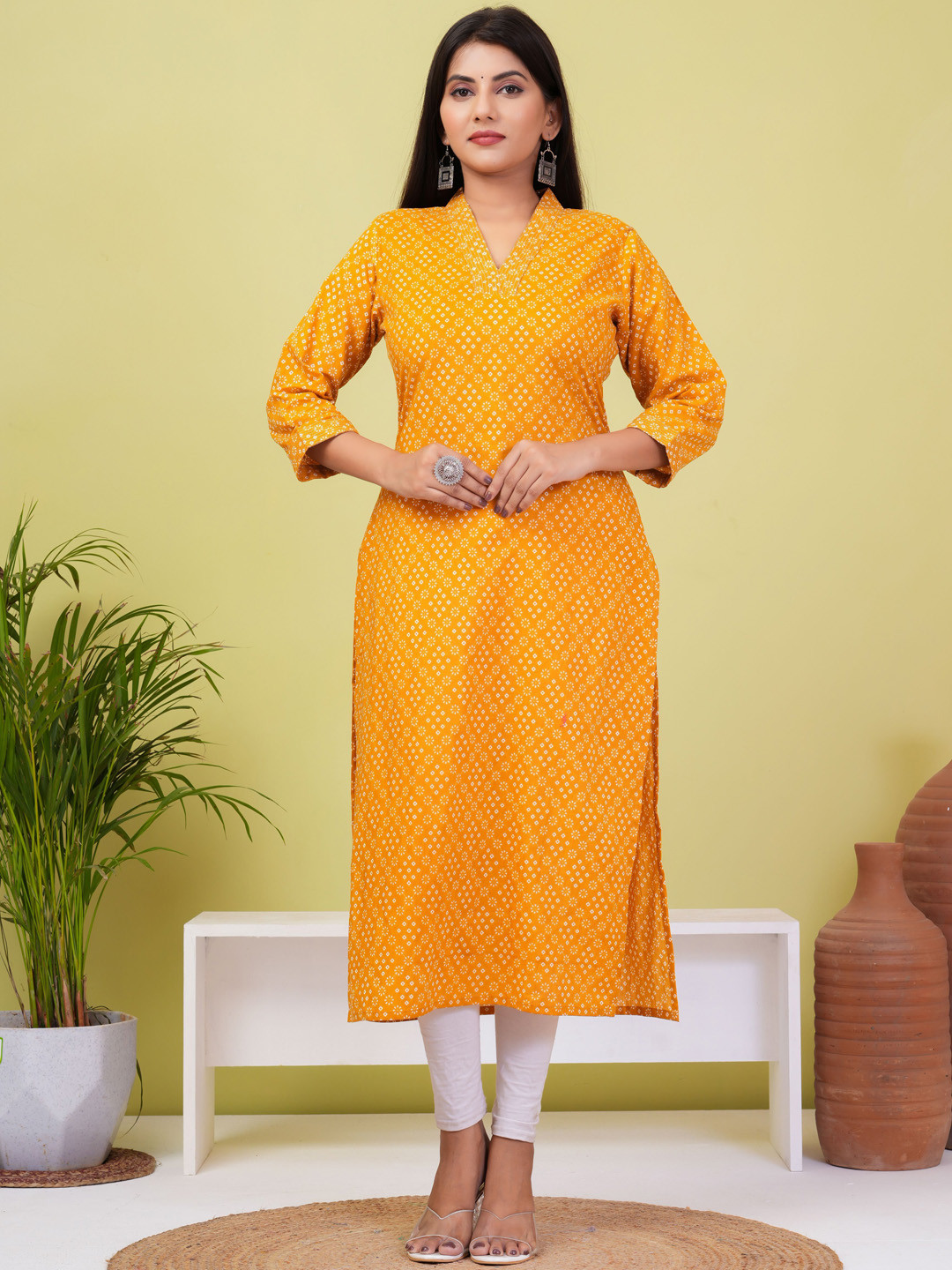 

ZOYOTO Ethnic Motifs Block Printed Thread Work Cotton A-Line Kurta, Yellow
