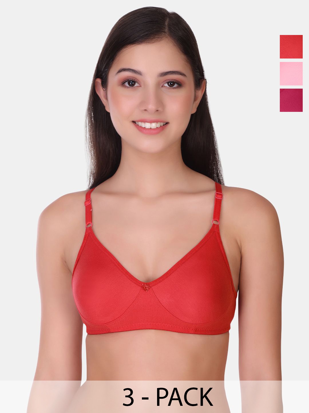 

POOJA RAGENEE Pack Of 3 Full Coverage Cotton T-shirt Bra With All Day Comfort, Red