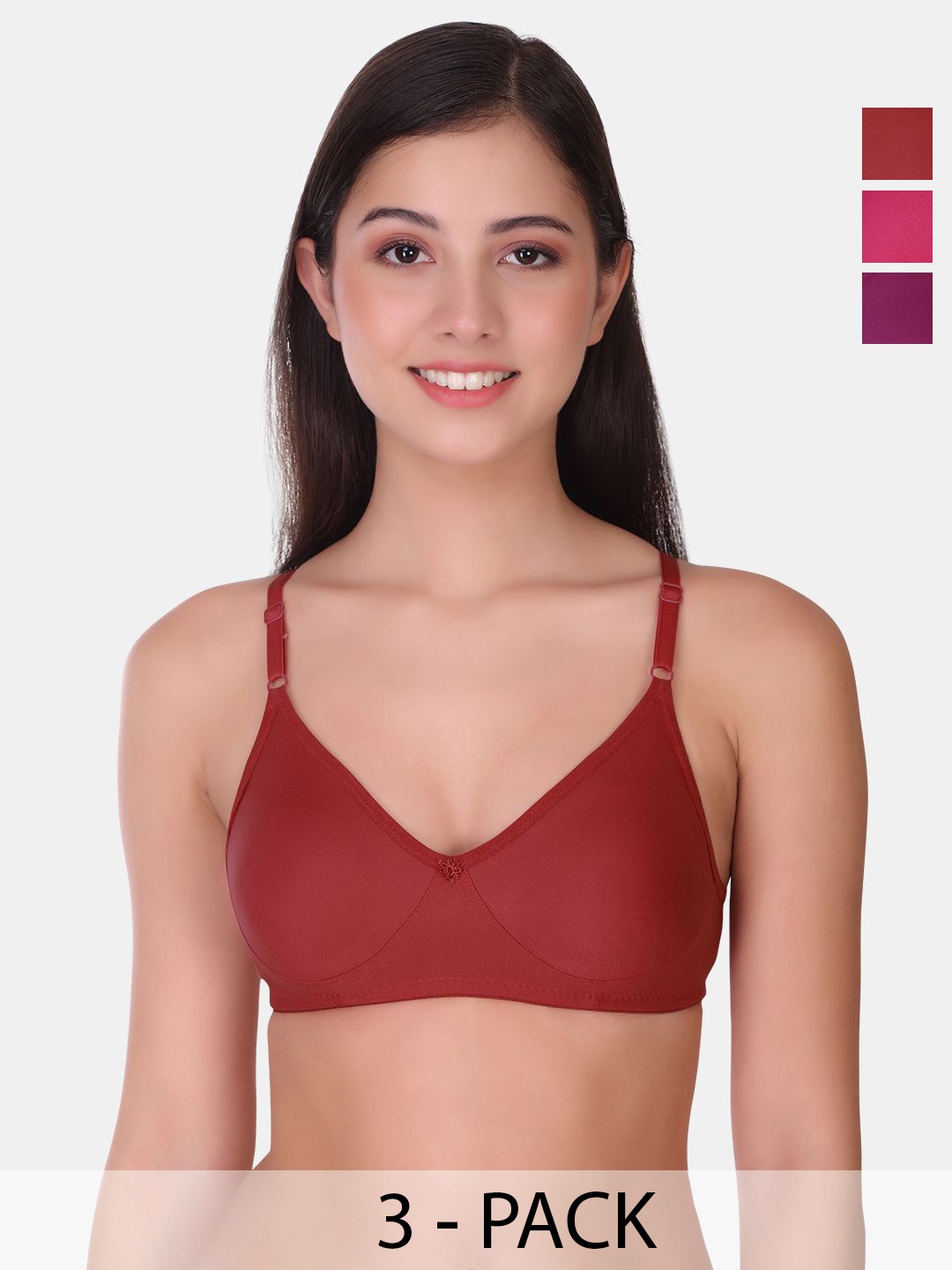 

POOJA RAGENEE Pack of 3 Full Coverage Non Padded Cotton T-shirt Bra, Red