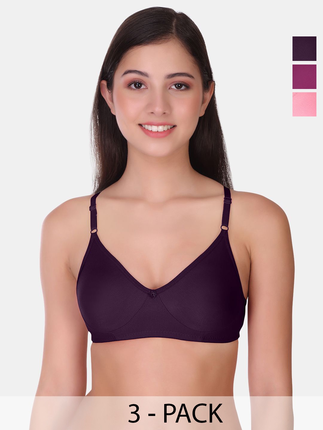 

POOJA RAGENEE Pack of 3 Full Coverage Non Padded Cotton T-shirt Bra, Burgundy