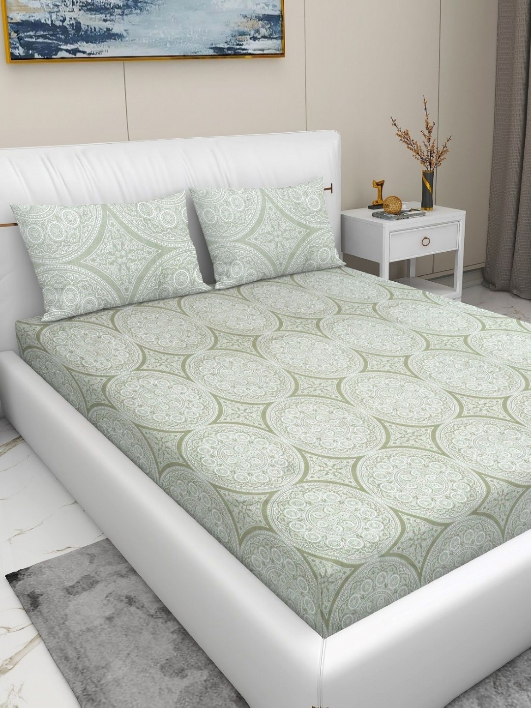 

RD TREND Olive Green & White Printed 210 TC Pure Cotton King Bedsheet & 2 Pillow Covers