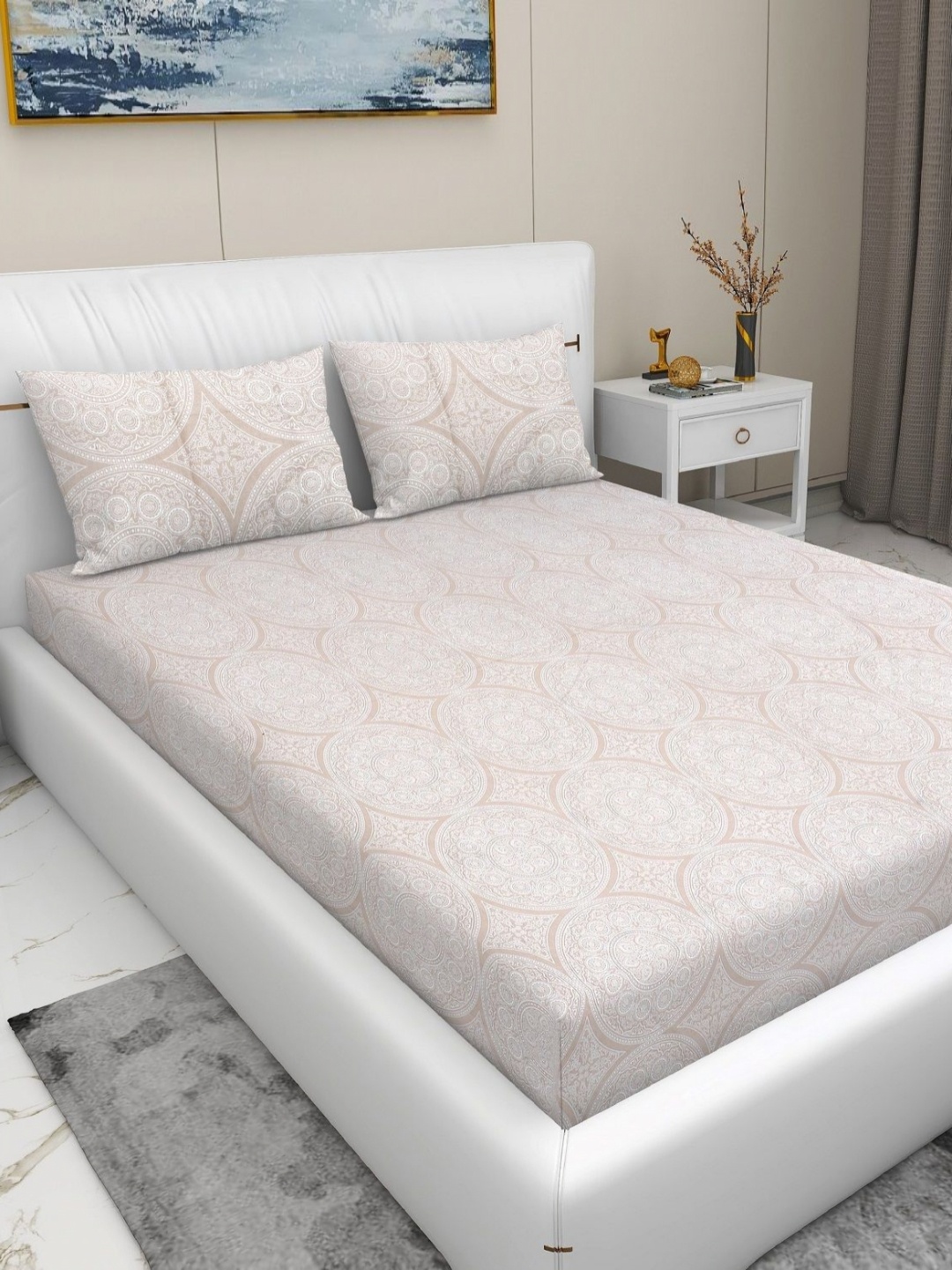 

RD TREND Pink & White Printed 210 TC Pure Cotton King Bedsheet & 2 Pillow Covers