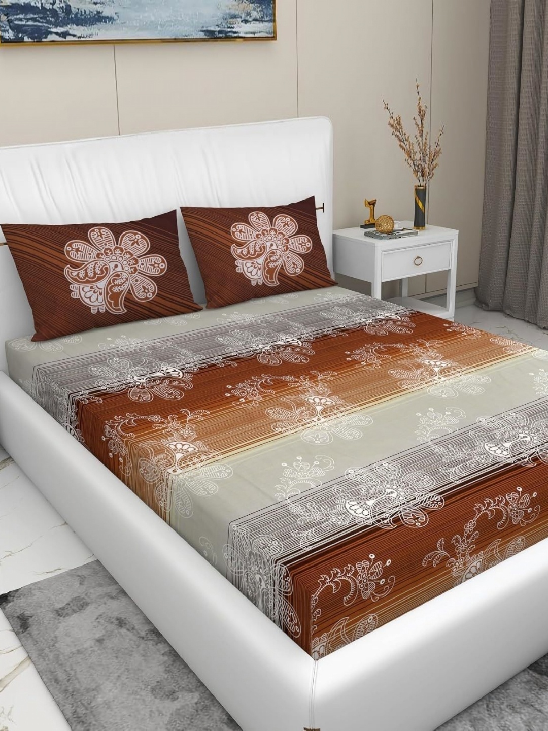 

RD TREND Green & Brown Printed 210 TC Pure Cotton King Bedsheet & 2 Pillow Covers