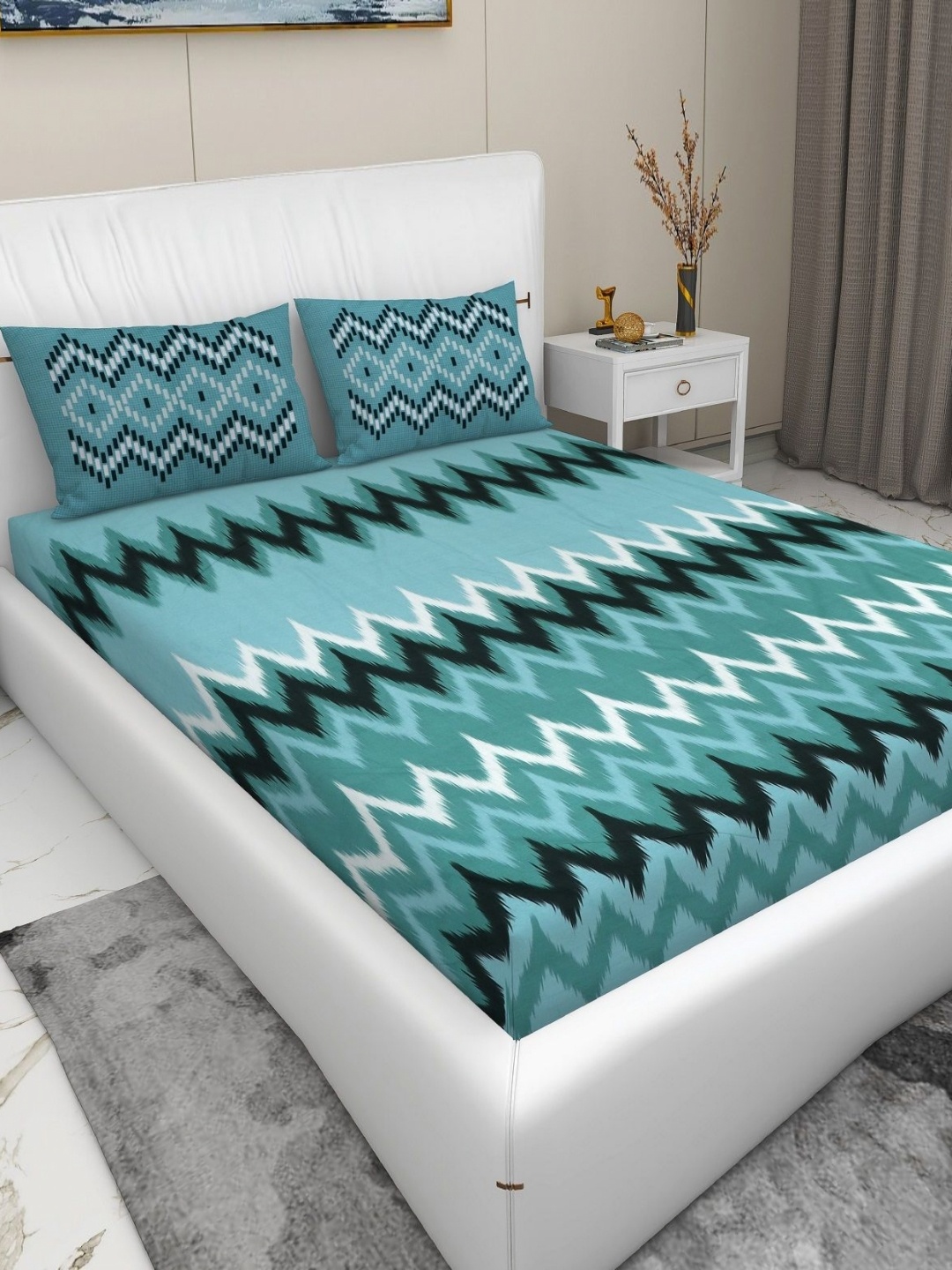 

RD TREND Blue & Black Printed 210 TC Pure Cotton King Bedsheet & 2 Pillow Covers