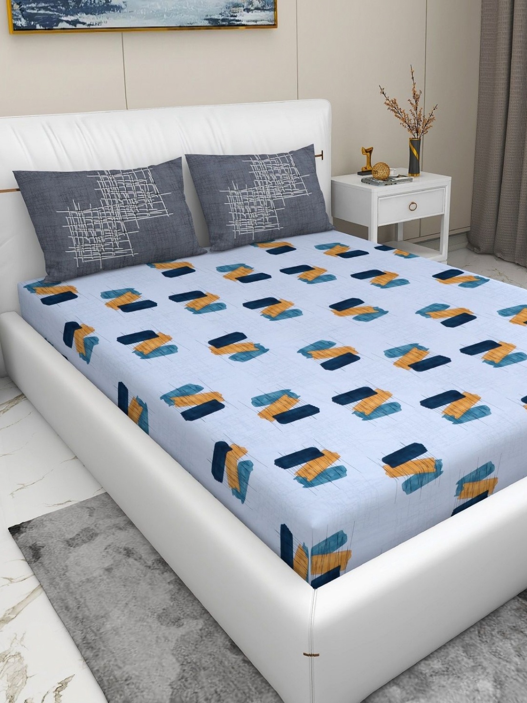 

RD TREND Blue & Black Printed 210 TC Pure Cotton King Bedsheet & 2 Pillow Covers