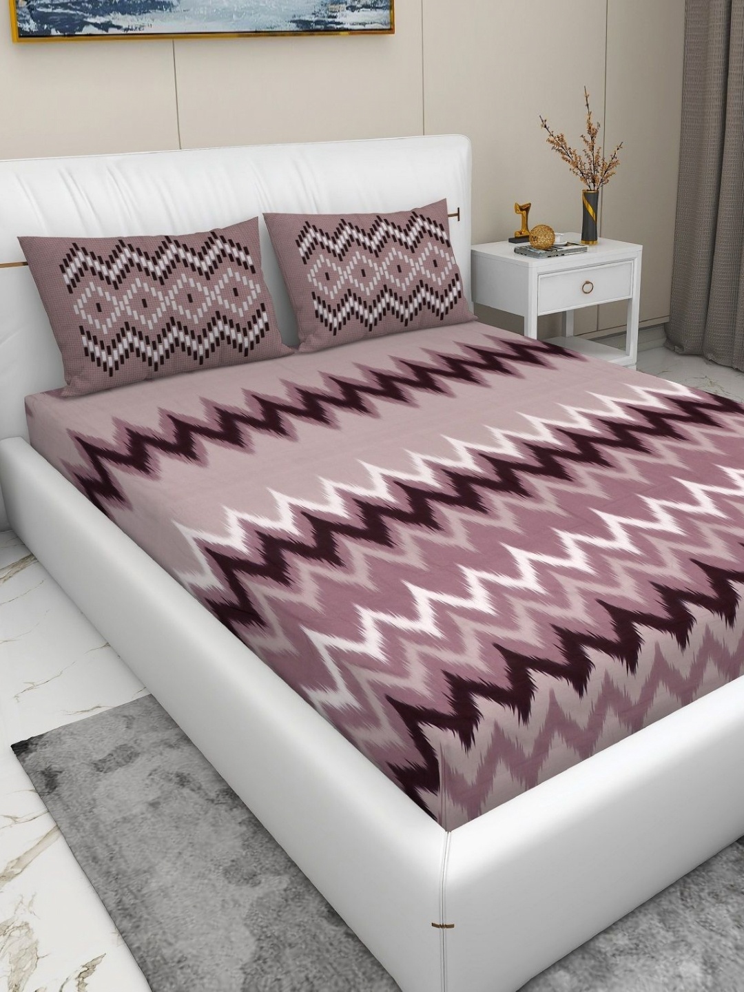

RD TREND Pink & White Printed 210 TC Pure Cotton King Bedsheet & 2 Pillow Covers