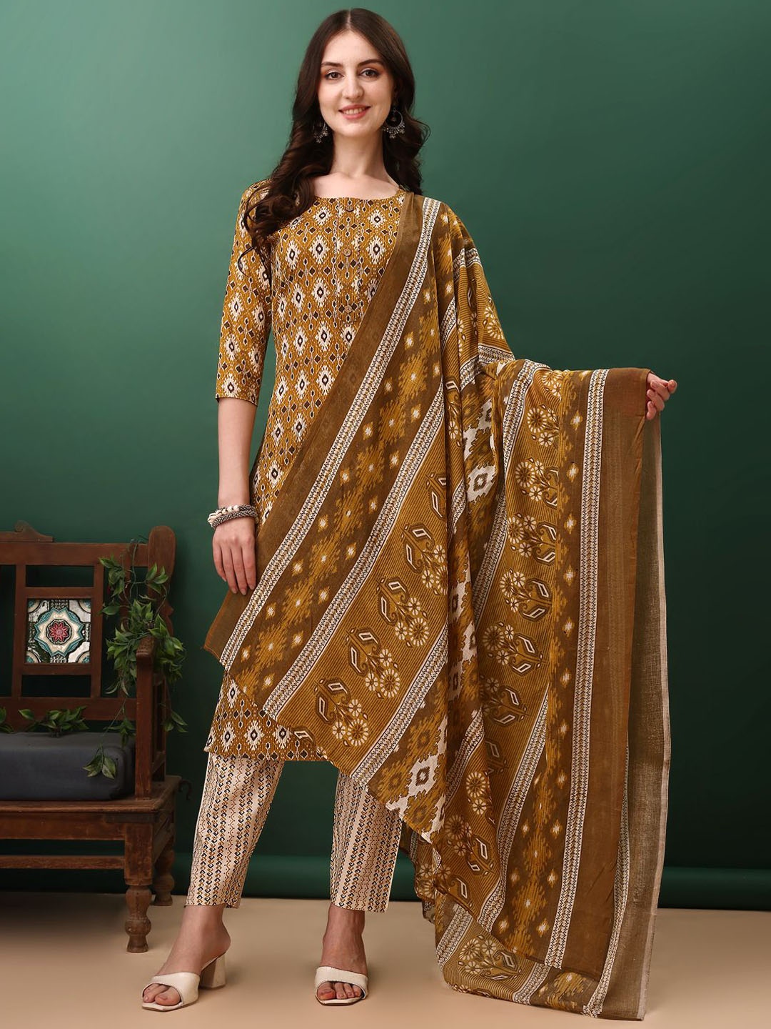 

KALINI Ethnic Motifs Printed Straight Kurta with Trousers & Dupatta, Mustard