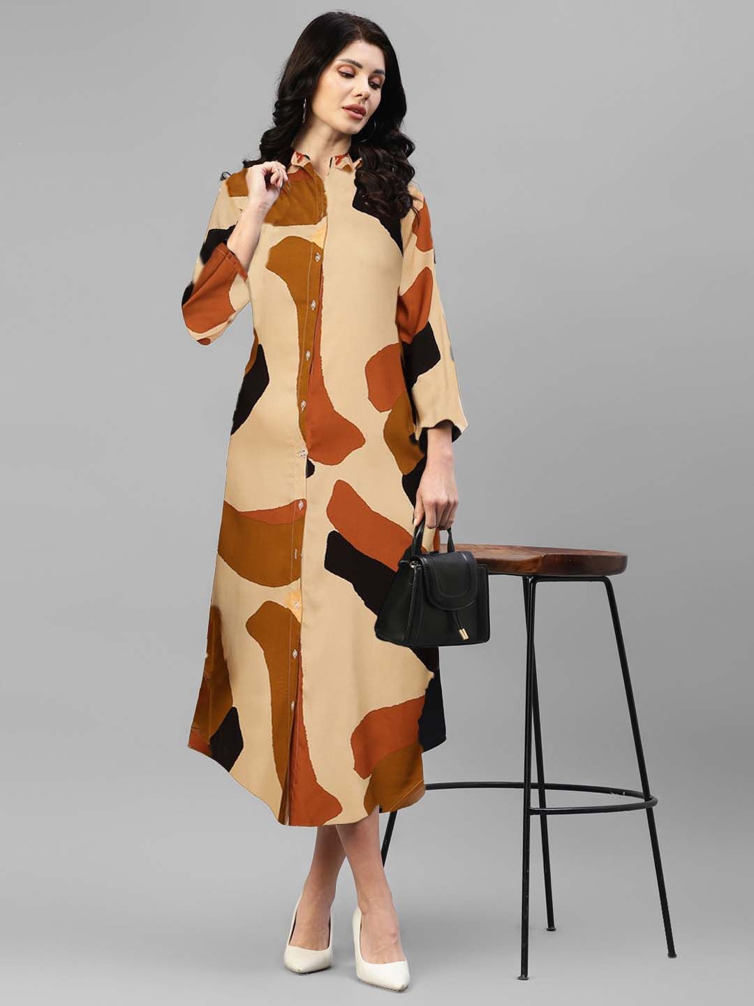 

DEEBACO Shirt Collar A-Line Midi Dress, Beige