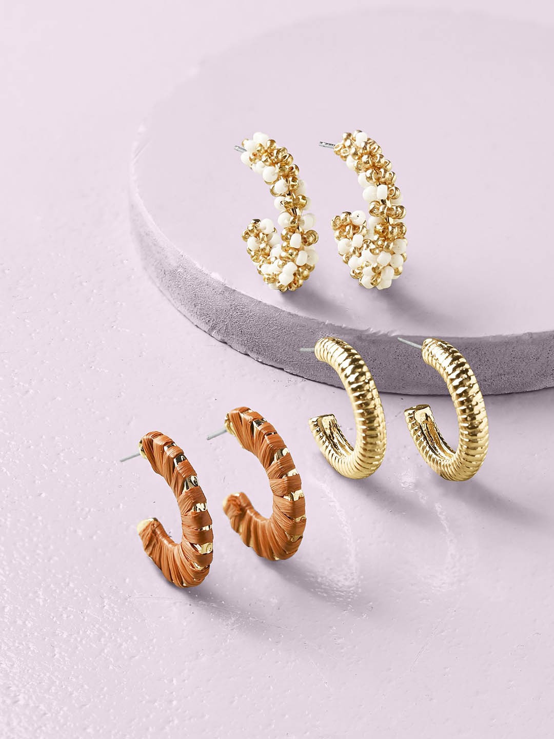 

Accessorize Set Of 3 Beaded Circular Half Hoop Antique Earrings, Rust