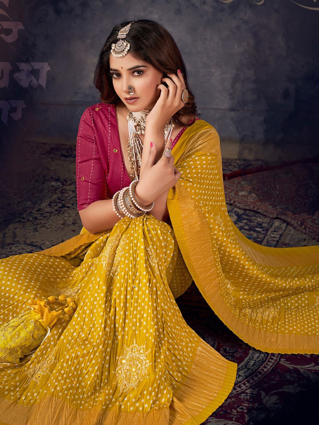 

Mitera Mirror Work Bandhani Saree, Mustard