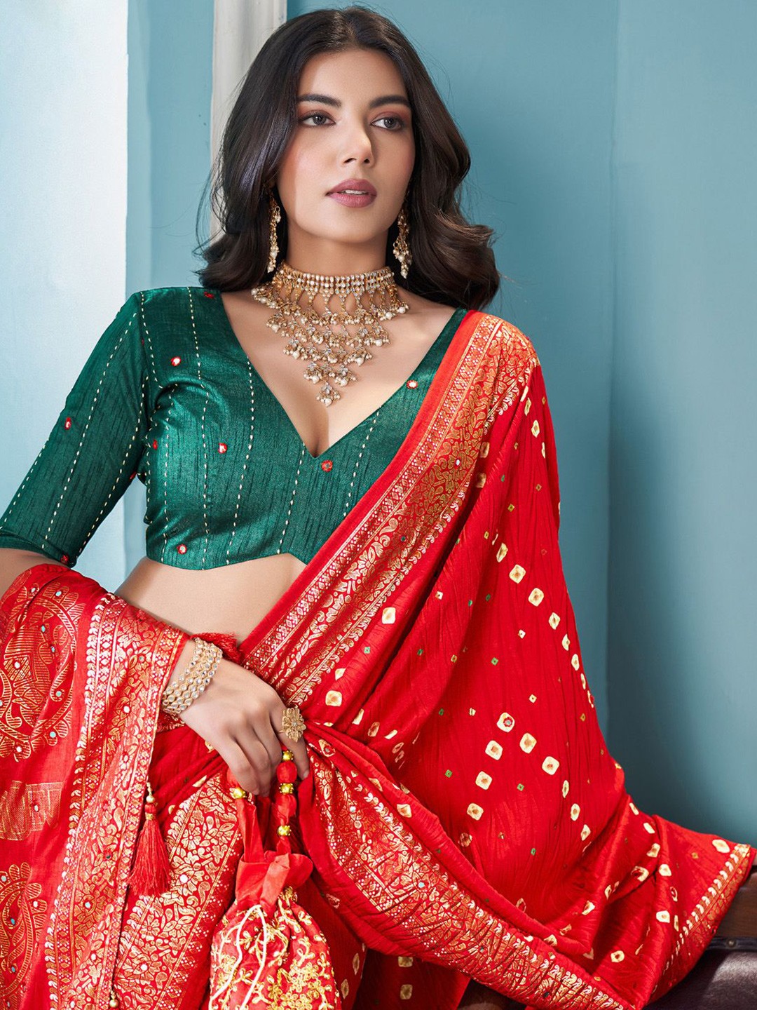 

Mitera Mirror Work Bandhani Saree, Red