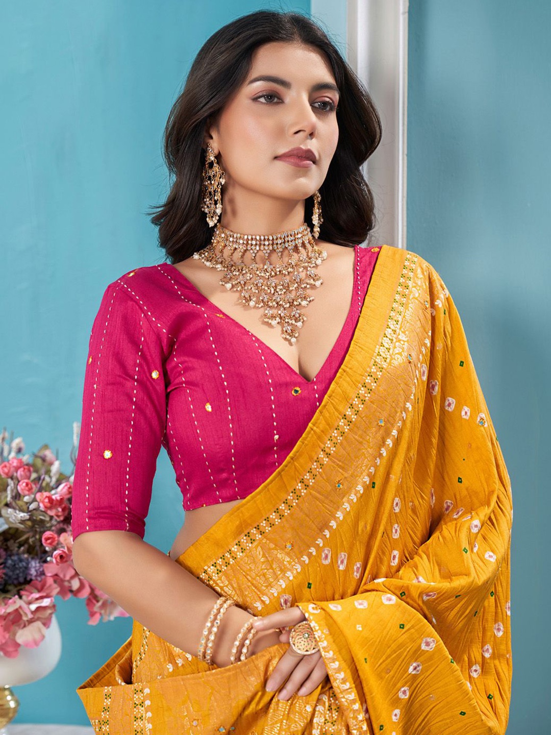 

Mitera Mirror Work Bandhani Saree, Mustard