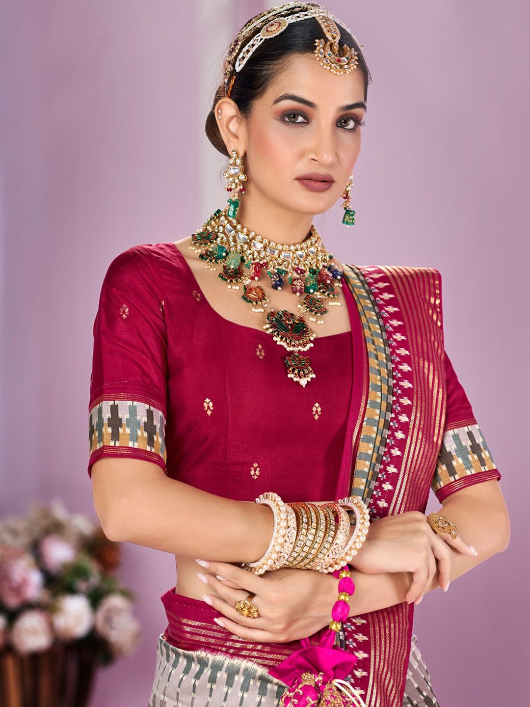 

Mitera Ethnic Motifs Zari Tussar Saree, Red