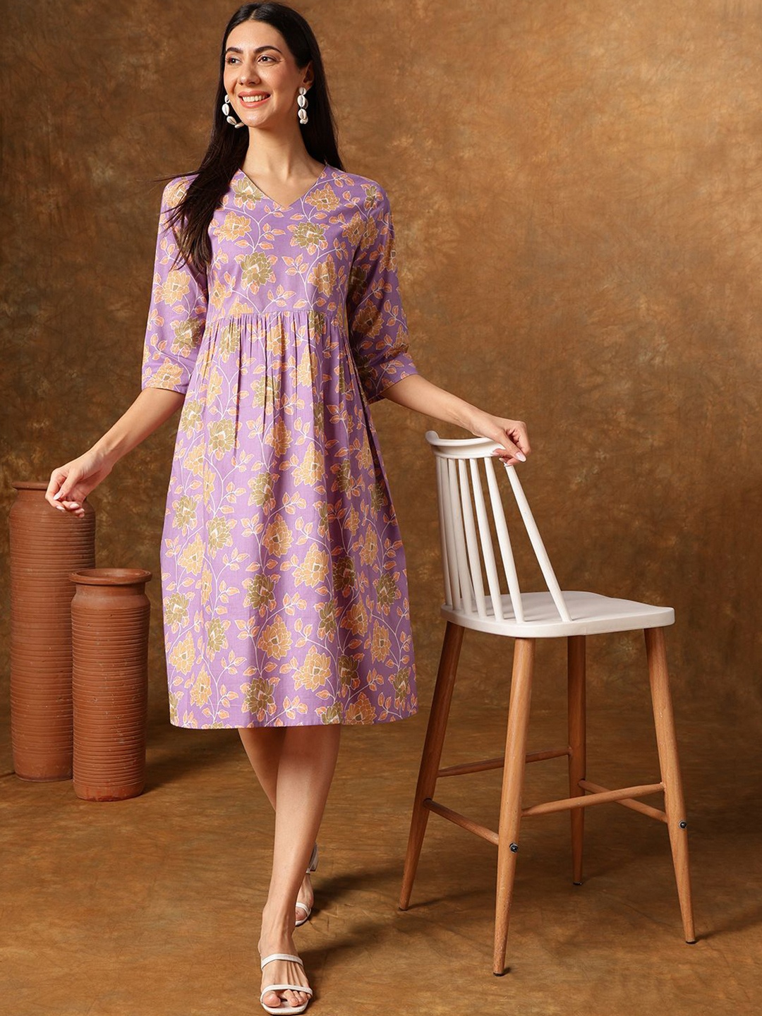 

Anouk Floral Print Cotton Fit and Flare Midi Dress, Lavender