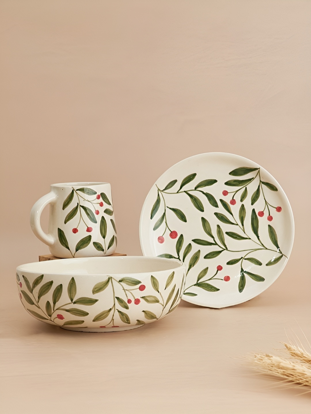 

NURTURE INDIA White & Green 3 Piece Printed Glossy Olive Leaf Breakfast Set