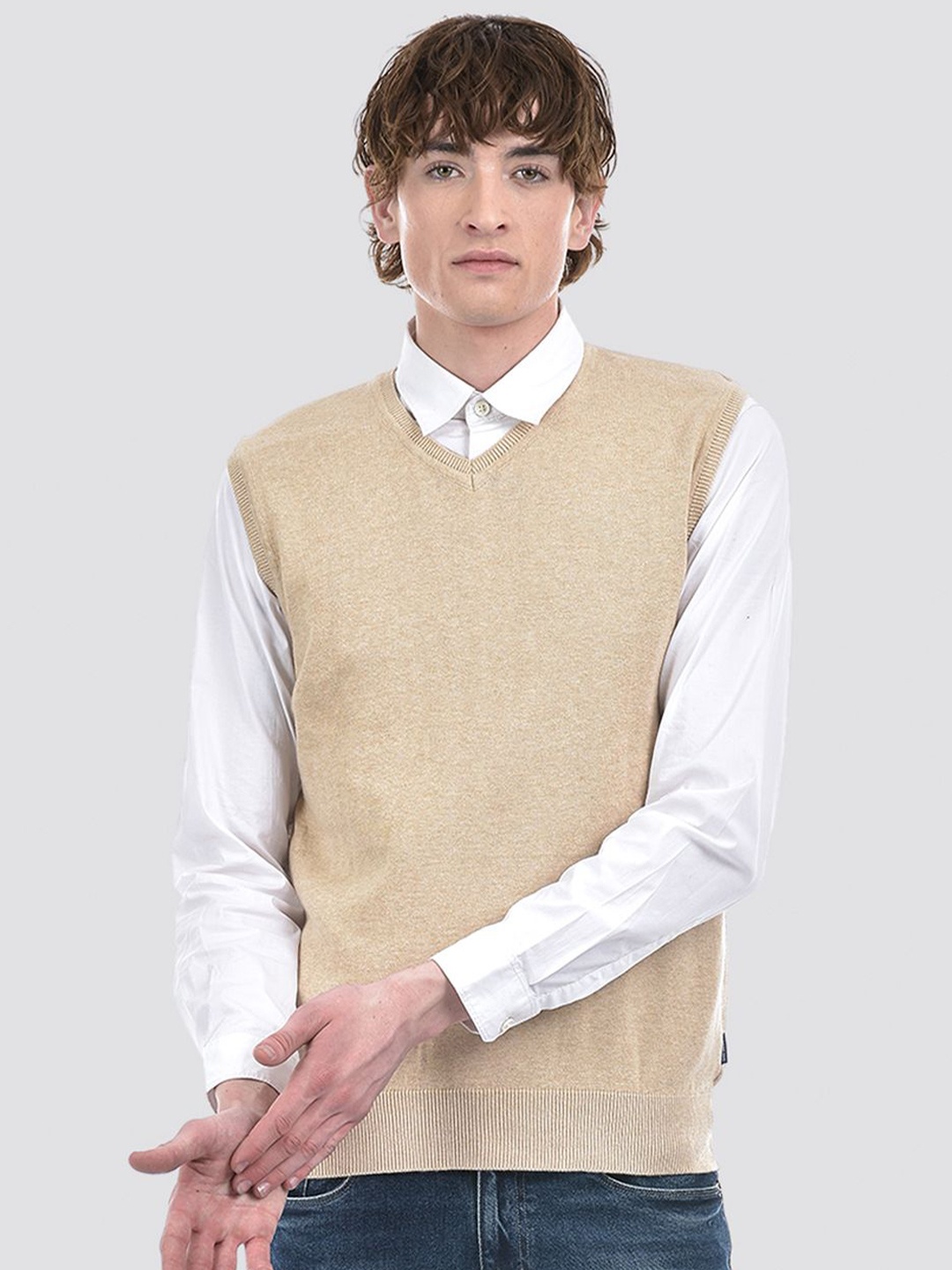 

Numero Uno Cotton Solid Men Sweater Vest, Beige
