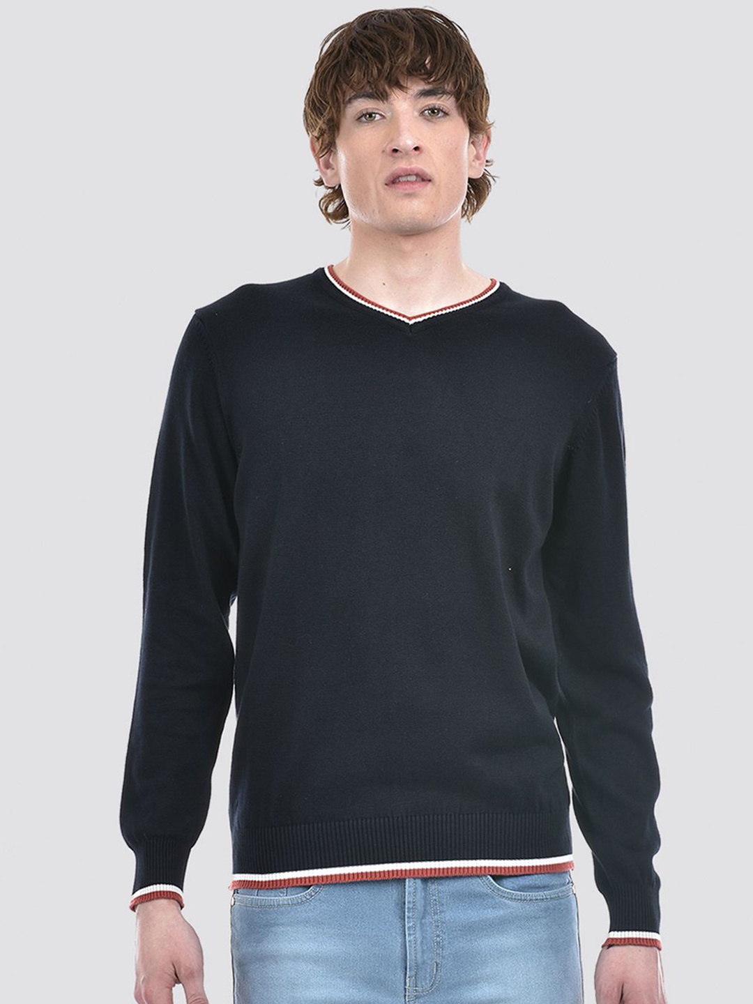 

Numero Uno Cotton solid Striped Men Pullover, Navy blue
