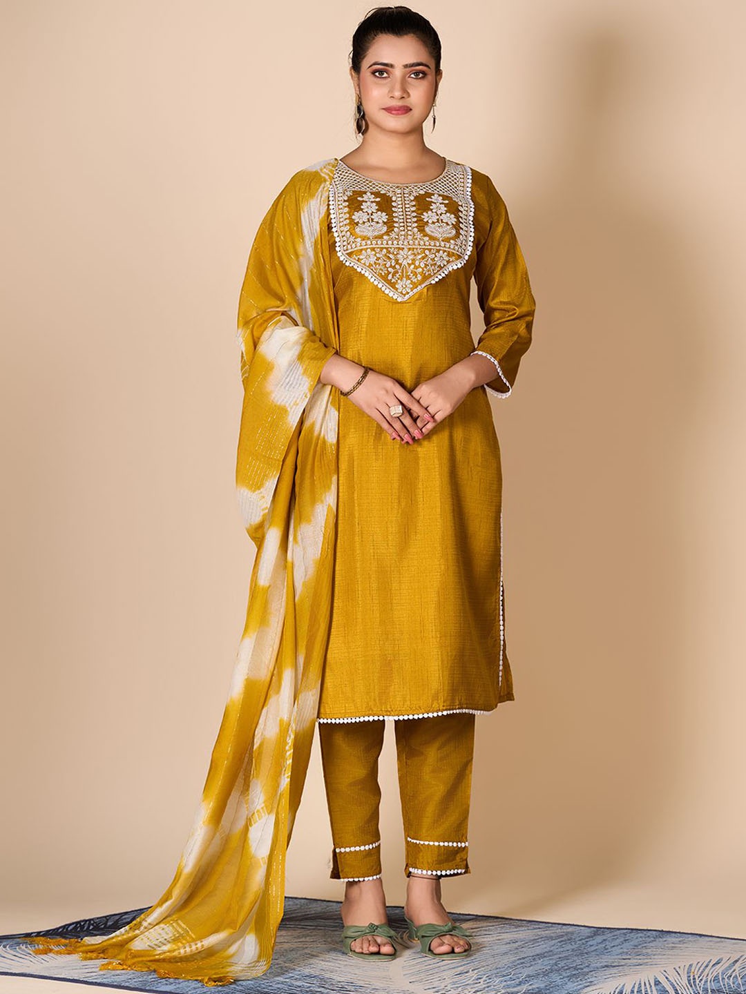 

A.V.M Prints Floral Yoke Design Thread Work Pure Cotton Kurta with Trousers & Dupatta, Mustard