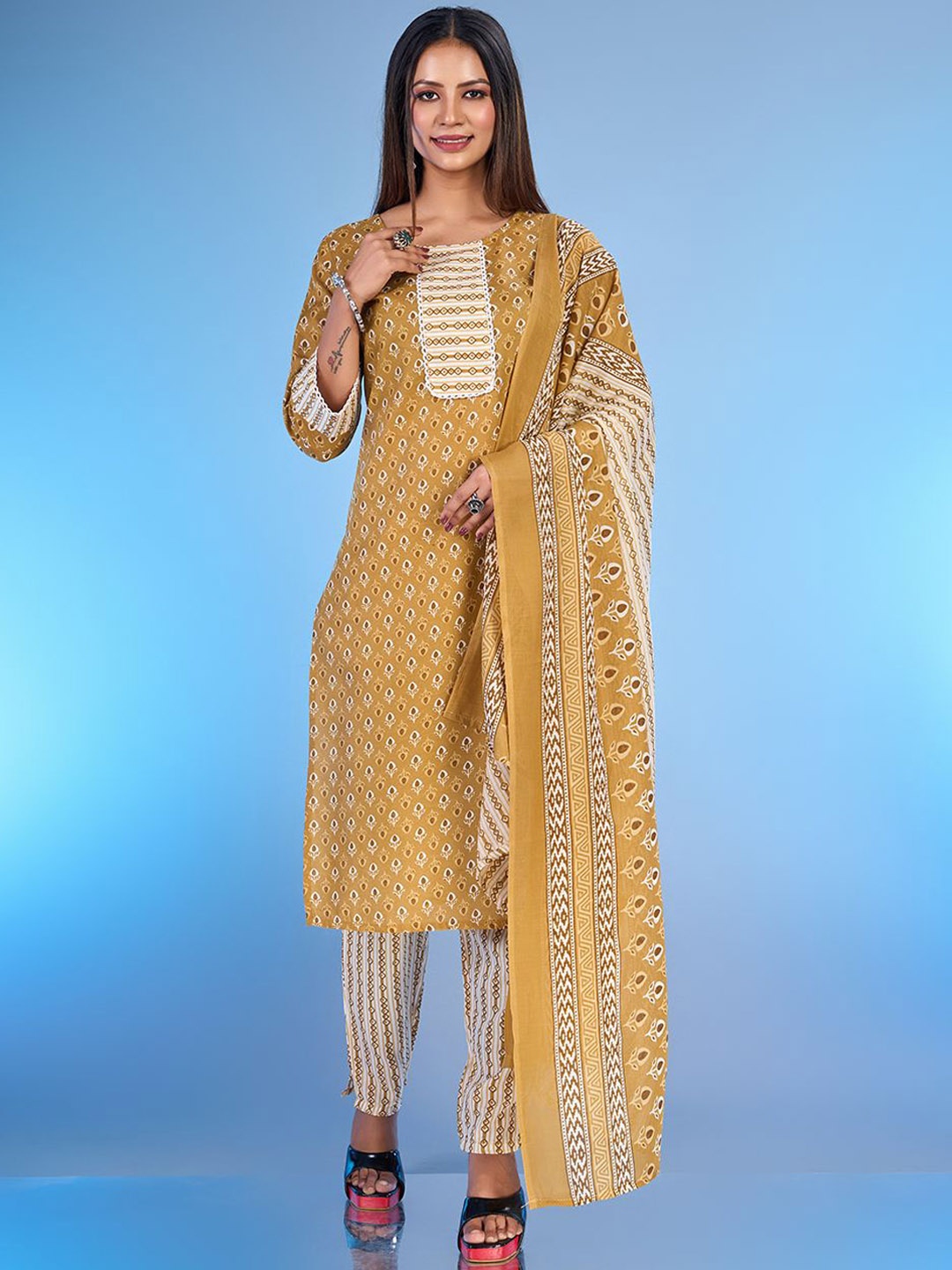 

A.V.M Prints Floral Printed Pure Silk Straight Kurta with Trousers & Dupatta, Mustard