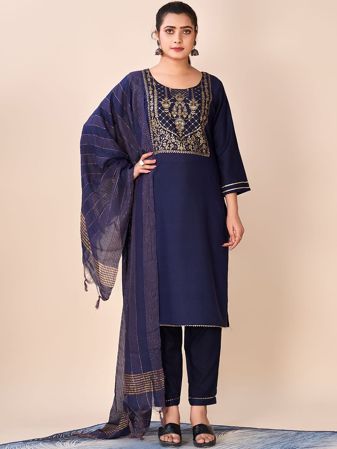 

A.V.M Prints Ethnic Motifs Embroidered Pure Cotton Straight Kurta With Trousers & Dupatta, Navy blue