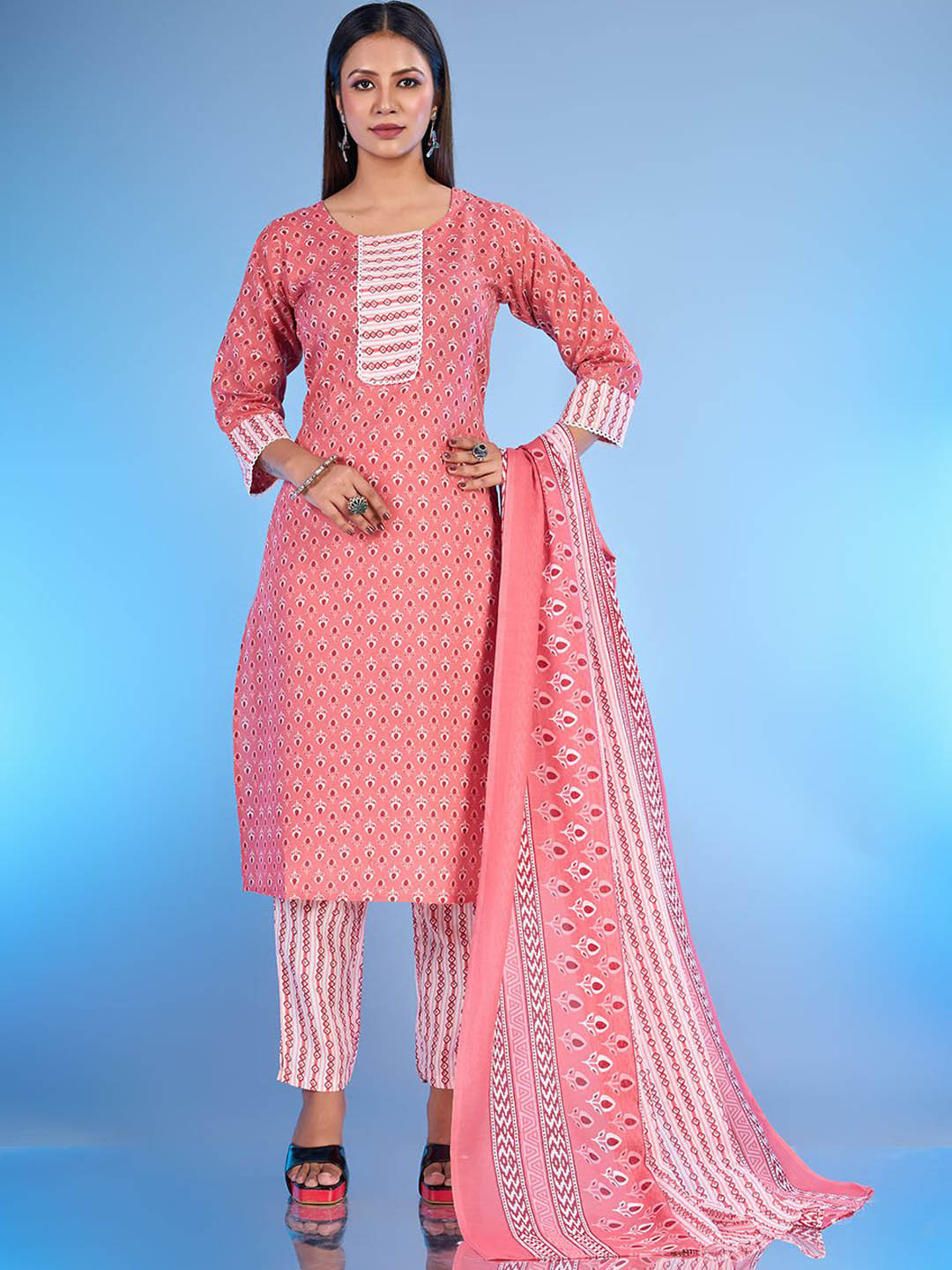 

A.V.M Prints Floral Printed Patchwork Pure Silk Straight Kurta With Trousers & Dupatta, Peach