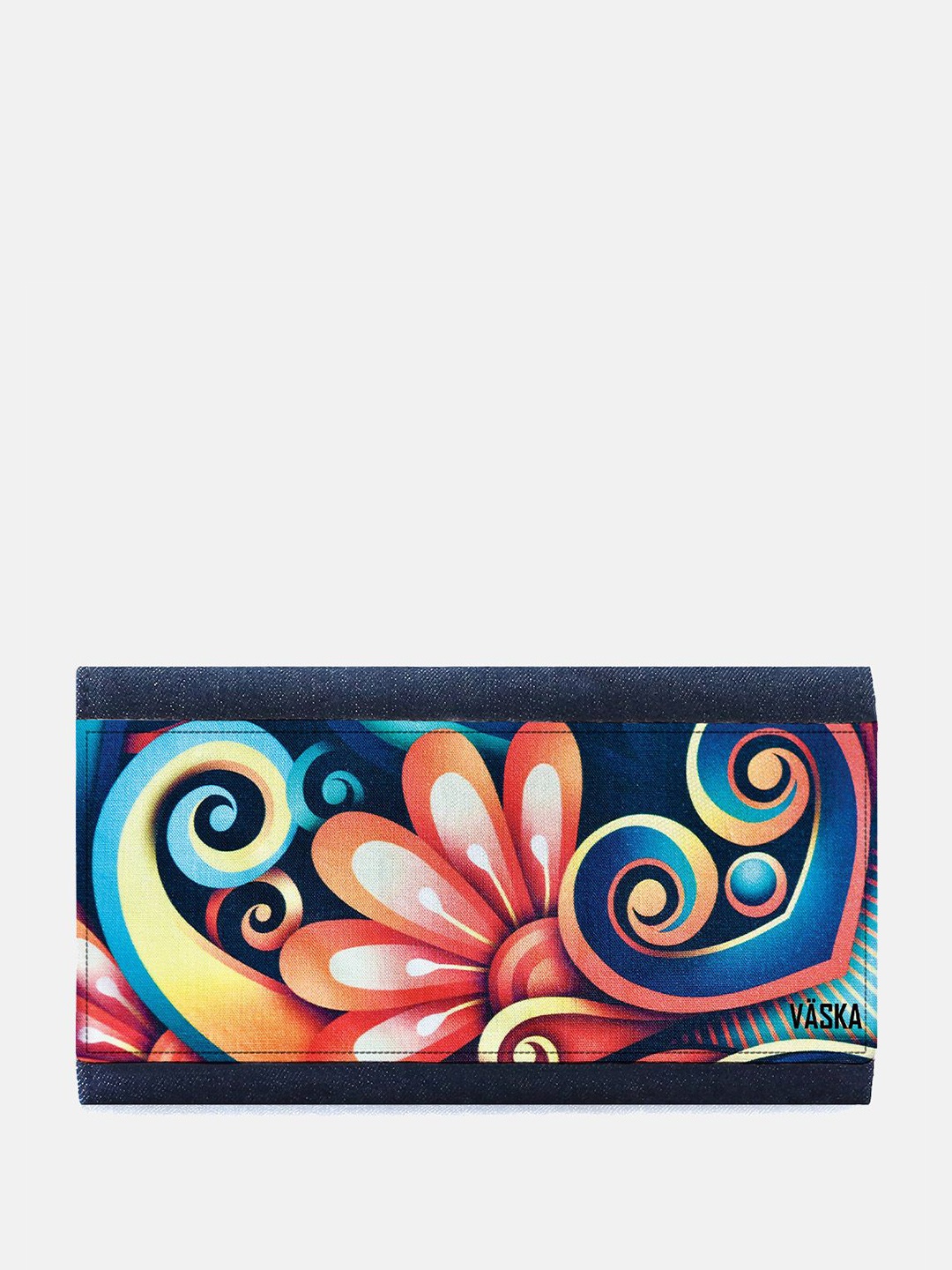 

VASKA Women Floral Printed Denim Envelope Wallet, Navy blue