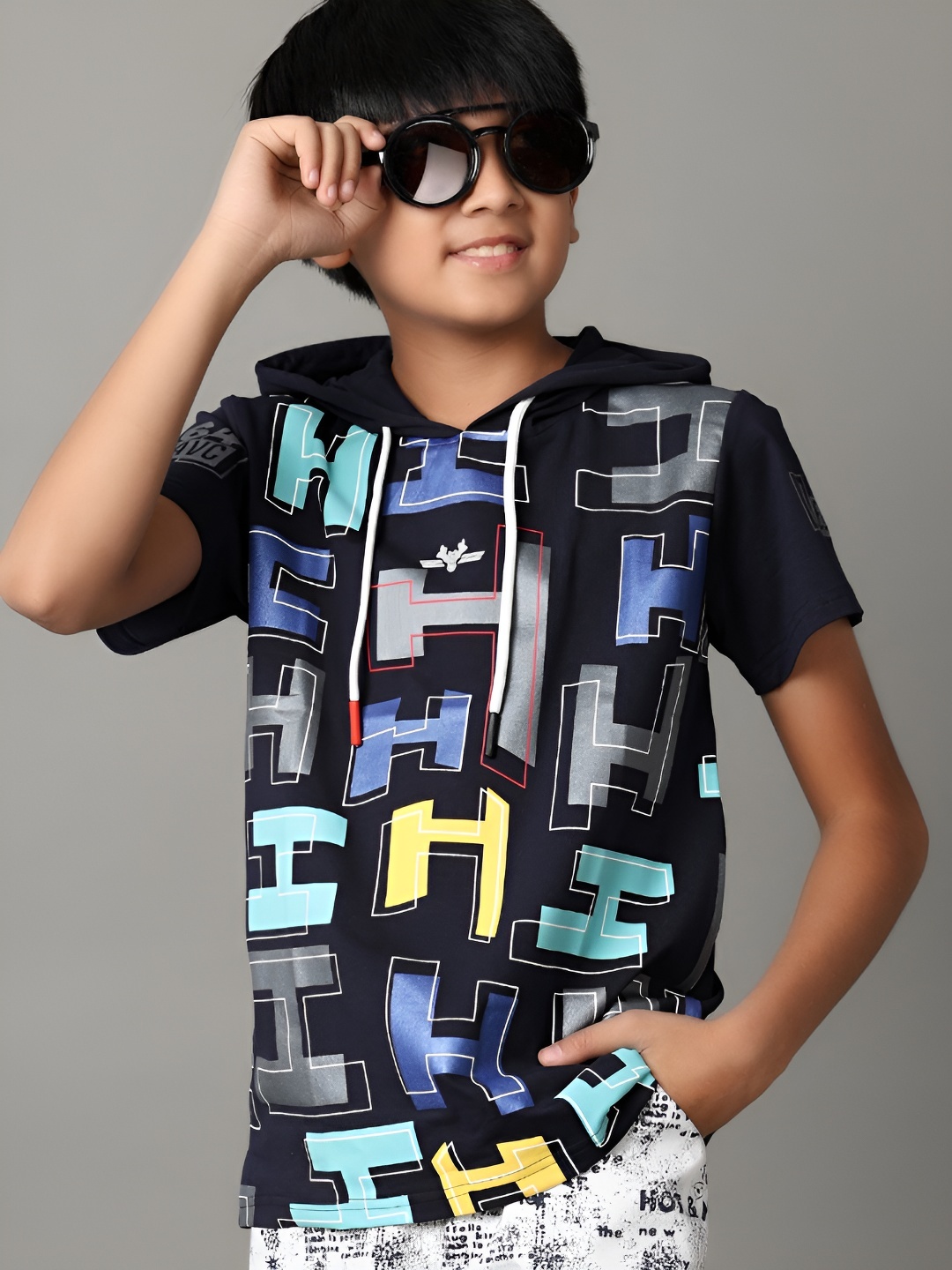 

V-Mart Boys Typography Printed Hooded Cotton T-shirt, Navy blue