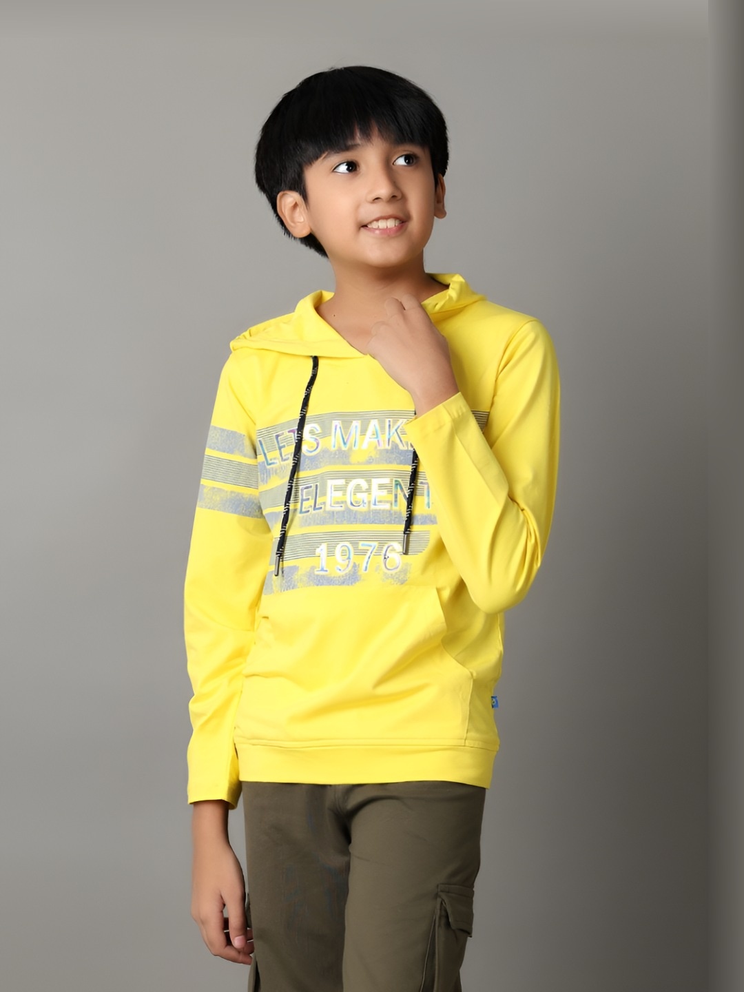 

V-Mart Boys Typography Printed Hooded Cotton T-shirt, Yellow